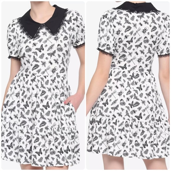 Hot Topic Black & White Tiered Collared Lace Trim Bug Mini Dress M Gothic Witchy - Picture 1 of 15